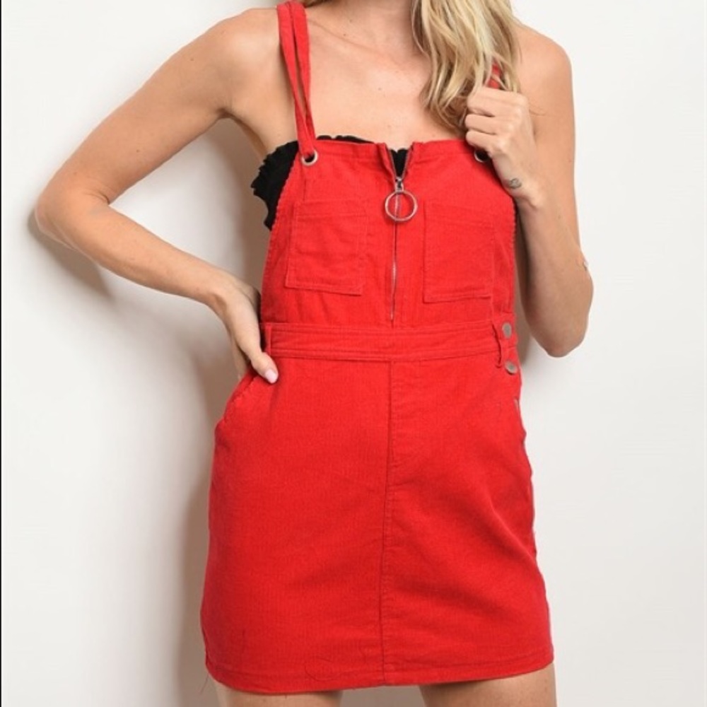 Red corduroy overall dress - Picture 2 of 3